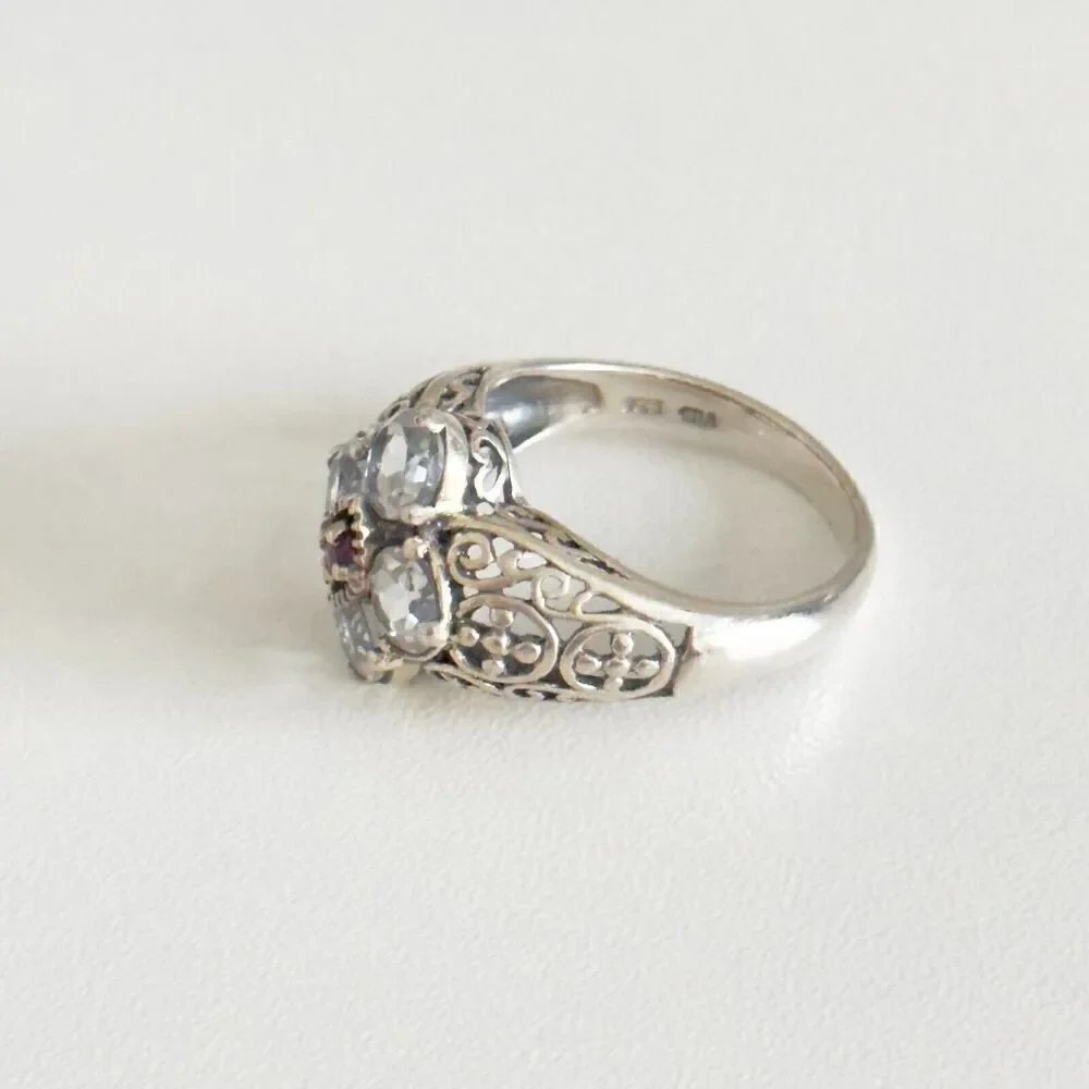 CNA Designer 925 Sterling Silver White Topaz & Ruby Filigree Flower Ring Size 8
